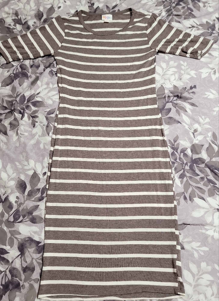 Lularoe Julia pencil dress in taupe/gray and white stripes